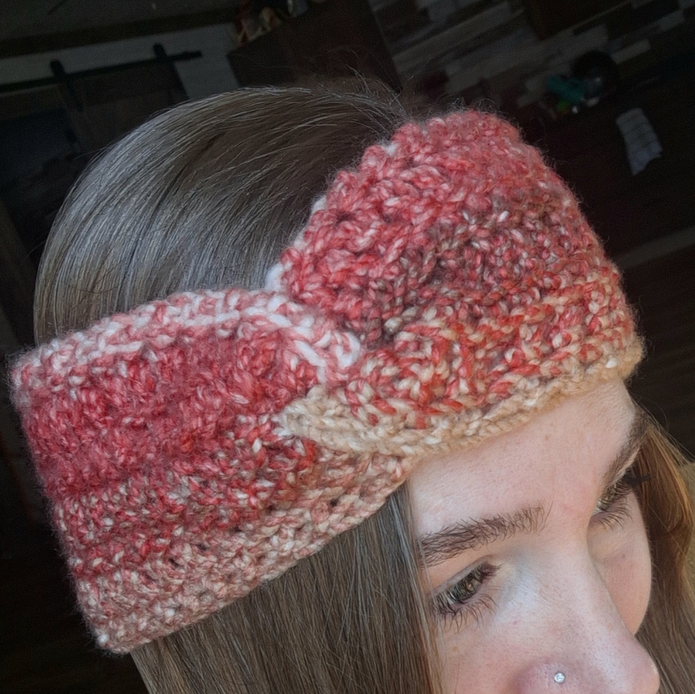 Handmade Crochet Headband in Pink/Red and Beige